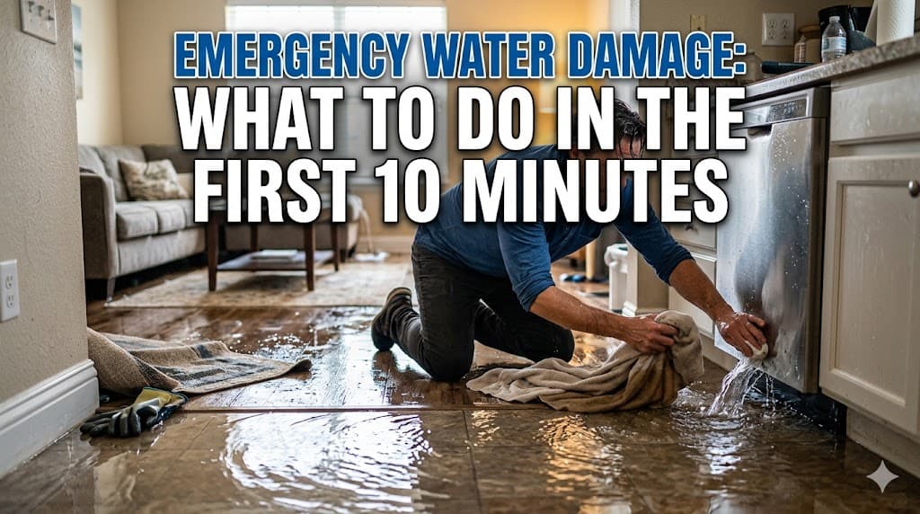 Emergency water damage response — flooded Houston home with standing water and damaged belongings