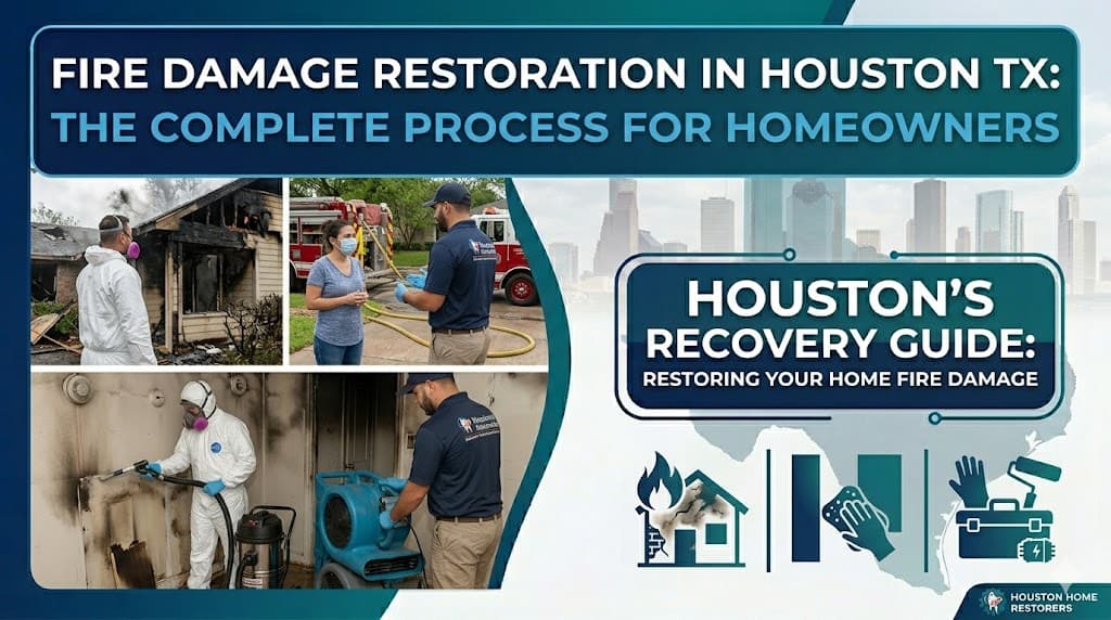 Fire damage restoration process — professional crew restoring a Houston home after a fire